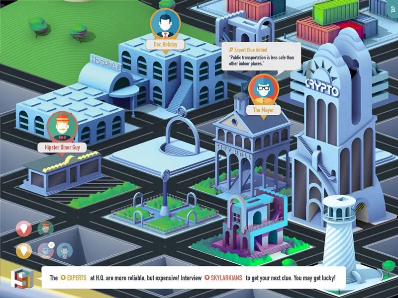 Isometric city map from the Skylark math game with character callouts