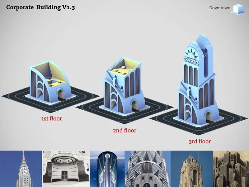 Corporate building floor designs with reference photos of art deco skyscrapers
