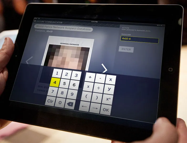 Tablet math keypad unlocking a pixelated suspect profile