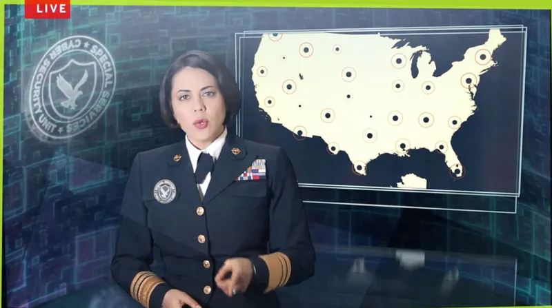 Live broadcast still: officer briefing in front of a US map