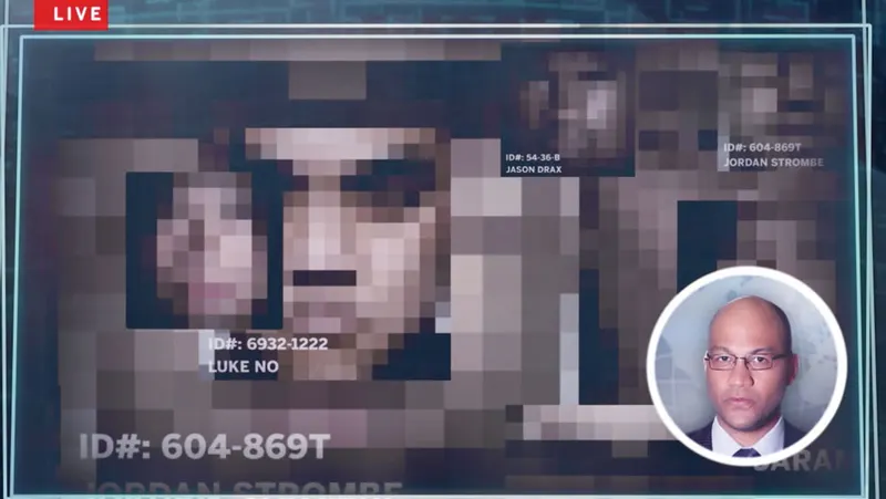 Live broadcast still: pixelated suspect ID with a contact inset