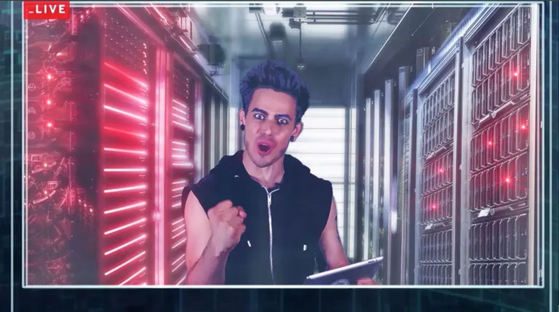 Live broadcast still: hacker character in a server room