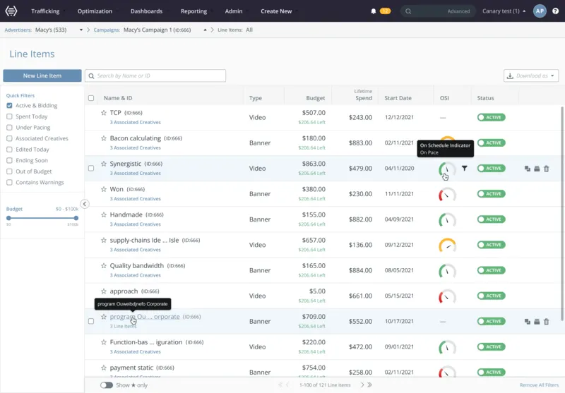 Beeswax line items table with budgets, spend, pacing indicators and status, plus quick filters