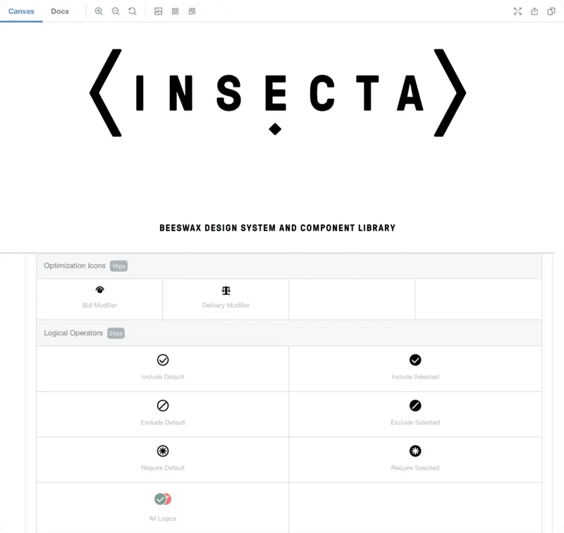 Insecta, the Beeswax design system and component library, showing icon components