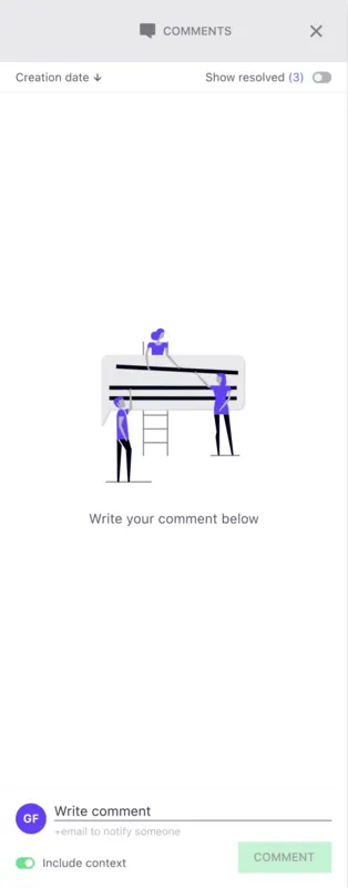Comments panel empty state with an illustration and a prompt to write a comment