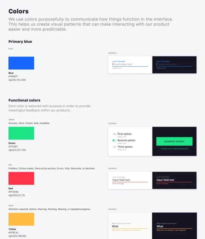 Celtra Design System color guidelines: primary blue and functional colors with usage examples