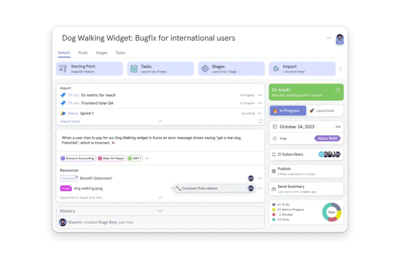 LaunchScience task detail for a bugfix, with stages, resources, history and a launch status panel