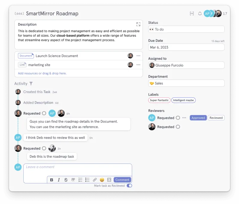 SmartMirror Roadmap task with description, activity feed, comments and reviewer approvals
