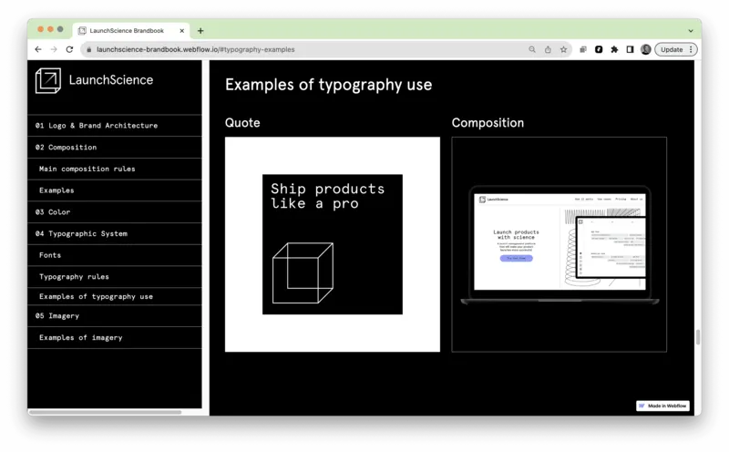 LaunchScience brand guidelines site showing typography examples and composition