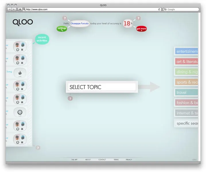 Qloo desktop app prototype with a select topic prompt and category tags