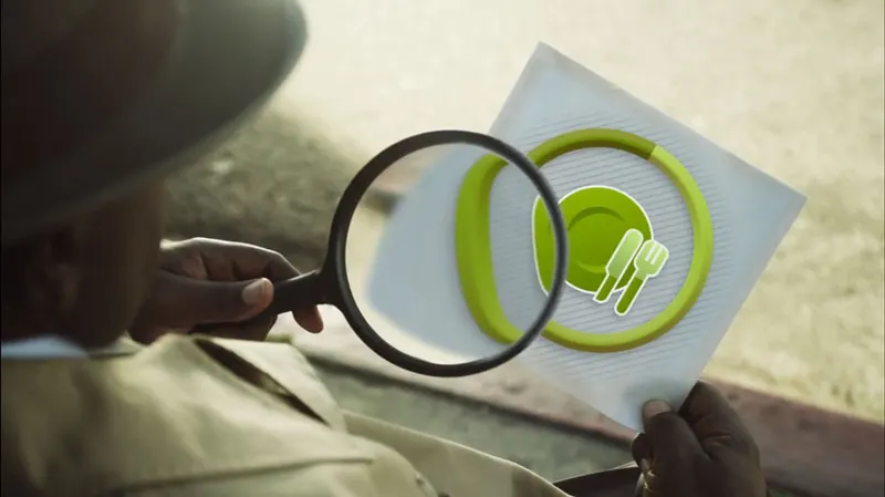 Ad campaign still: detective with a magnifying glass over a Qloo dining icon